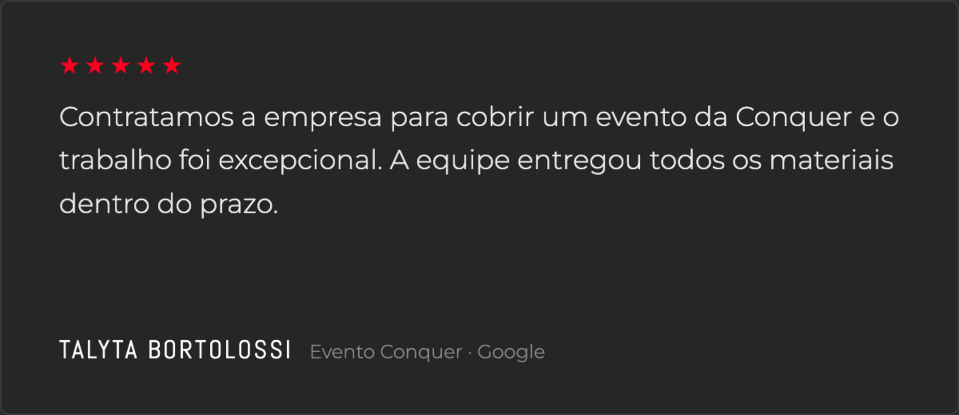 Depoimento de Talyta Bortolossi, avalia&ccedil;&atilde;o 5 estrelas no Google